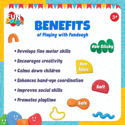 FunDough play dough with various benefits listed for creative play and skill development for ages 3 and up