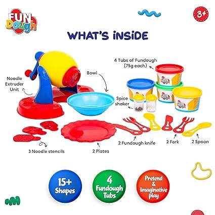 Funskool noodle party play dough set with extruder, colorful tubs, plates, and utensils for ages 3 and up