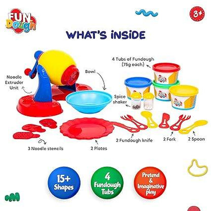 Funskool noodle party play dough set with extruder, colorful tubs, plates, and utensils for ages 3 and up