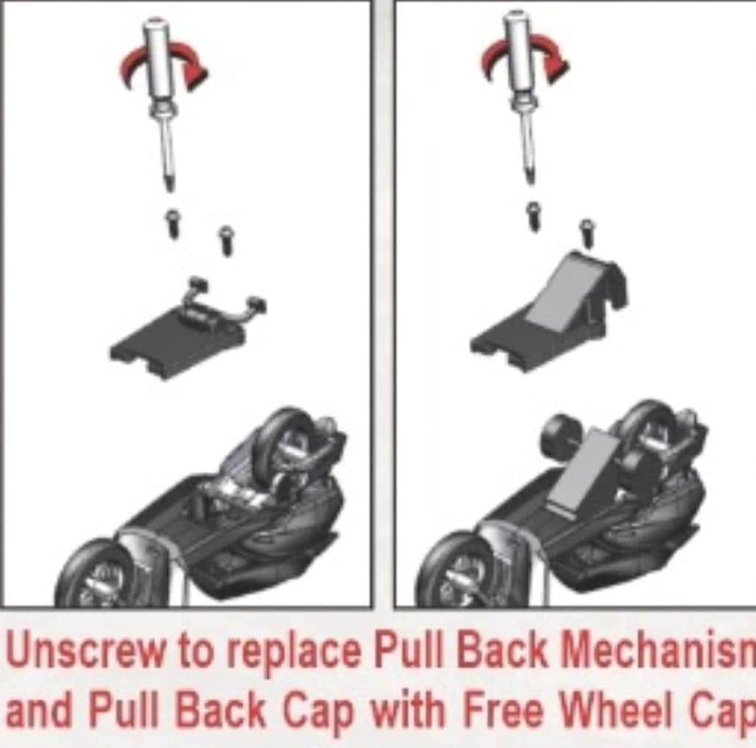 Diagram showing how to unscrew and replace pull back mechanism and cap on pull back scooty toy for kids