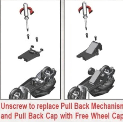 Diagram showing how to unscrew and replace pull back mechanism and cap on pull back scooty toy for kids