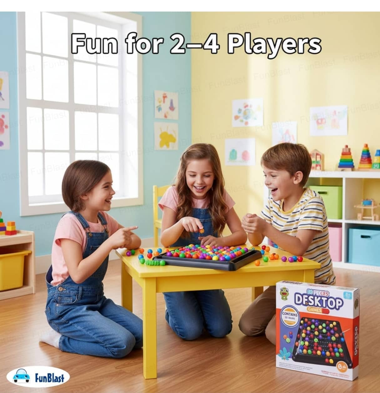 Colorful board game for 2-4 players featuring kids playing with vibrant game pieces