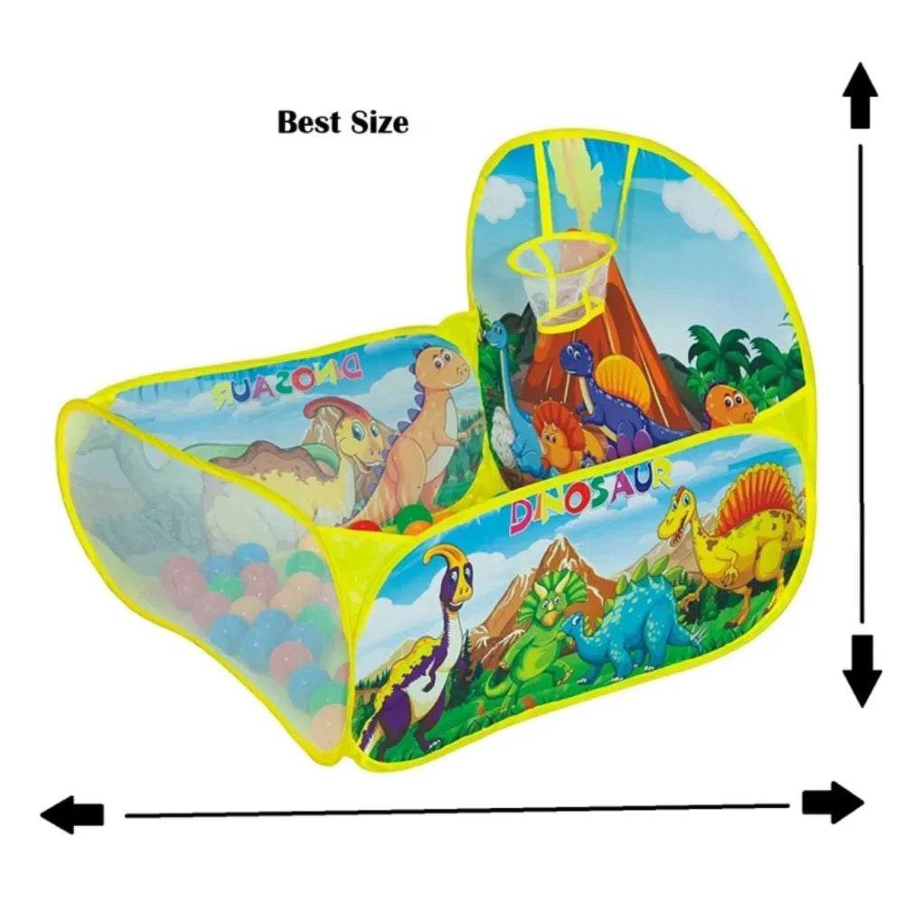 BALAK dinosaur ball pool for kids with colorful dinosaur designs and attached basketball hoop