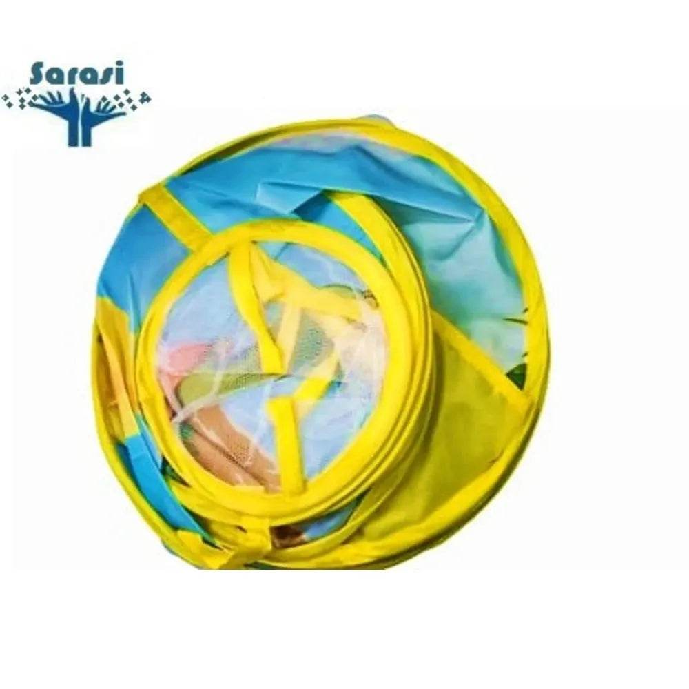 Folded yellow and blue dinosaur ball pool for kids with mesh window for ventilation