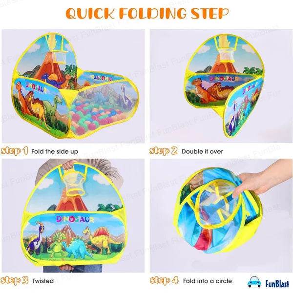 Step-by-step guide showing how to fold the BALAK dinosaur ball pool for kids into a compact circle
