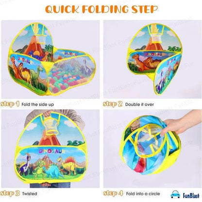Step-by-step guide showing how to fold the BALAK dinosaur ball pool for kids into a compact circle