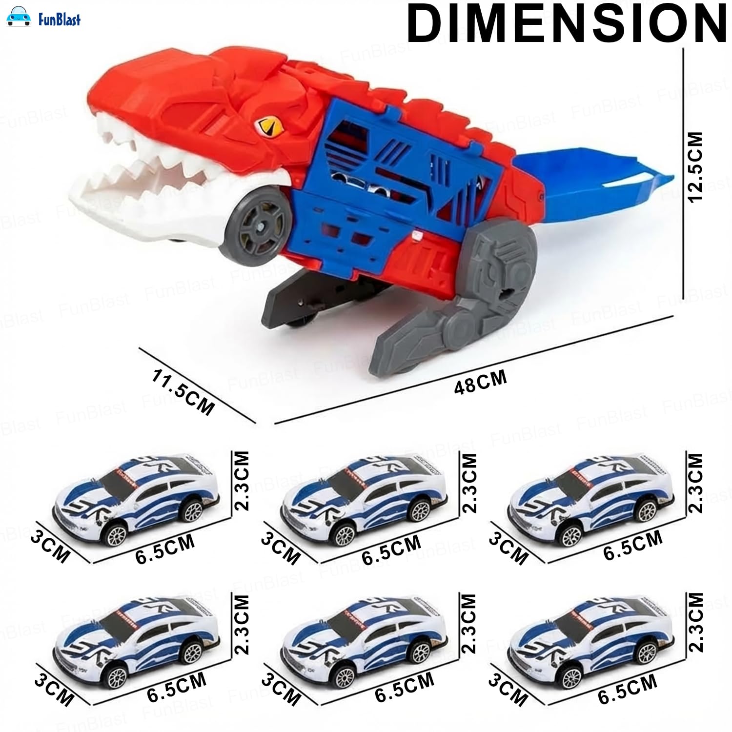 Red and blue dinosaur playset toy with rolling action, perfect for kids aged 3 years and up
