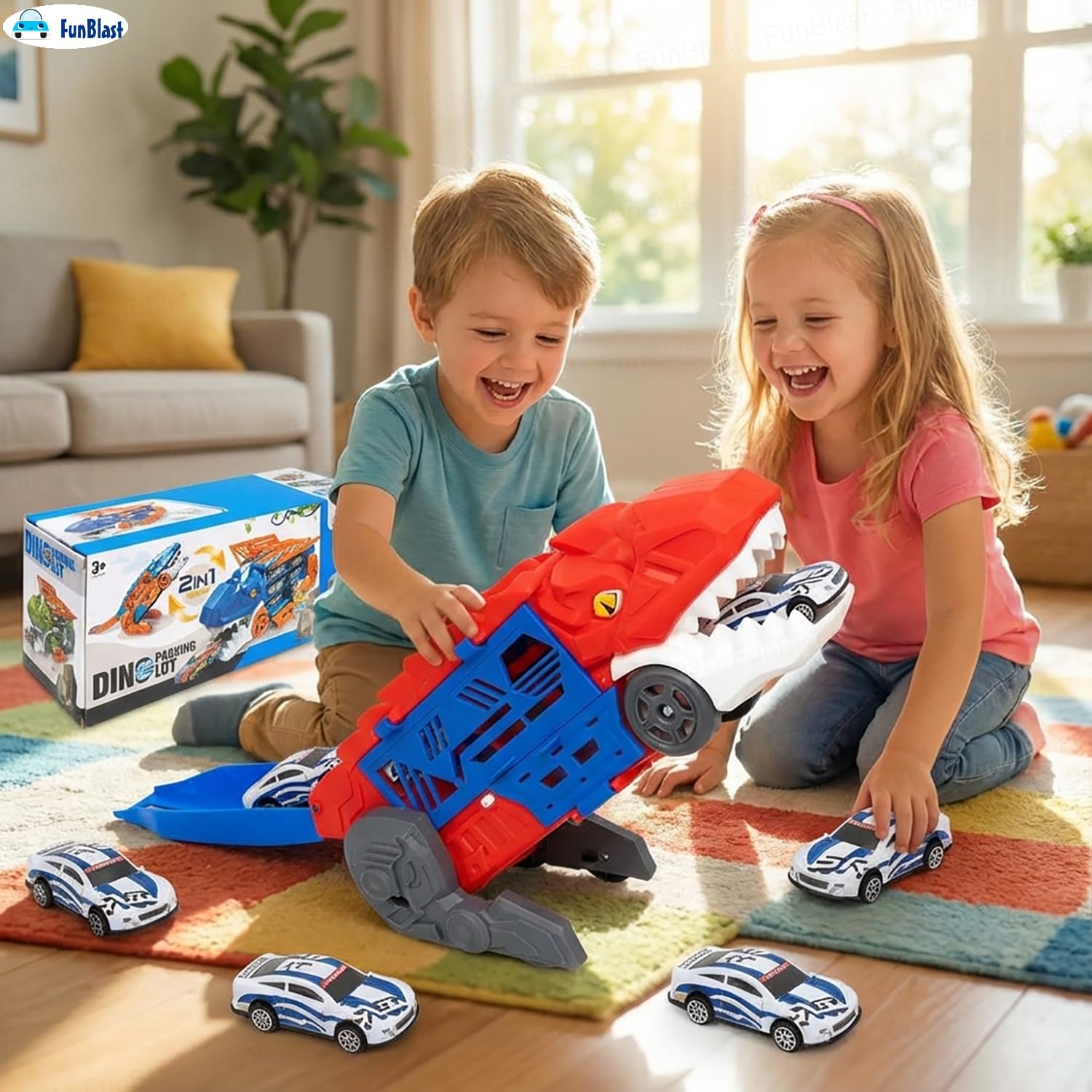 Colorful dinosaur playset with children playing, suitable for ages 3 and up