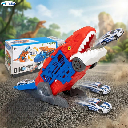 Red and blue dinosaur playset with launching cars for kids 3 years and up