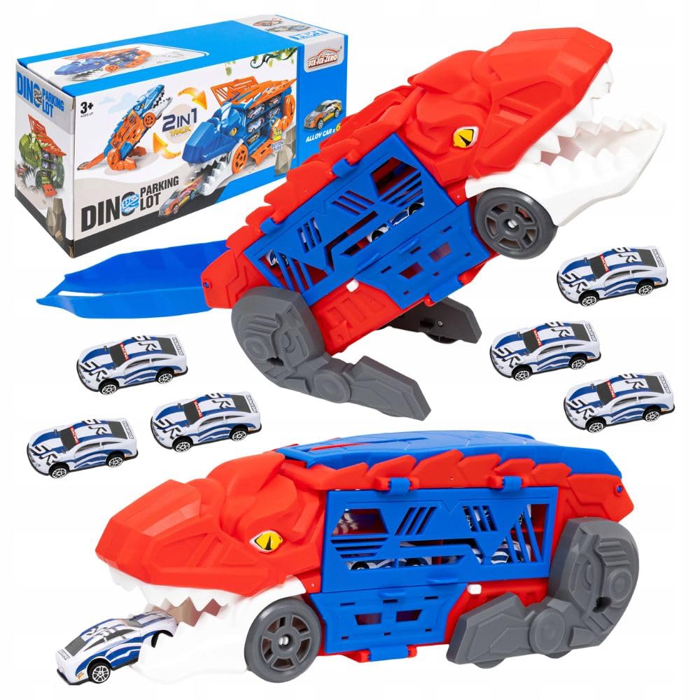 Dinosaur playset in red and blue with mini cars, ideal for ages 3 and up