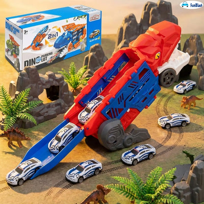 Dinosaur playset with a red and blue T-Rex car carrier for kids aged 3 and up featuring mini cars