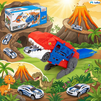 Colorful dinosaur playset with T-Rex toy and mini cars for kids age 3 and up