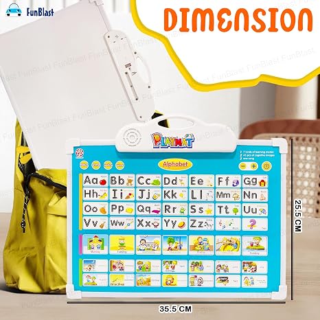 T-Rex electronic drawing board in blue for children, featuring letters and educational graphics