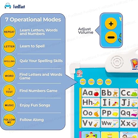 Interactive electronic drawing board in blue for kids with 7 educational modes