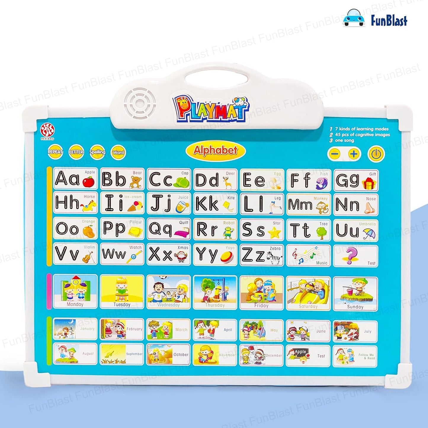 Blue electronic drawing board for kids featuring letters, numbers, and fun illustrations