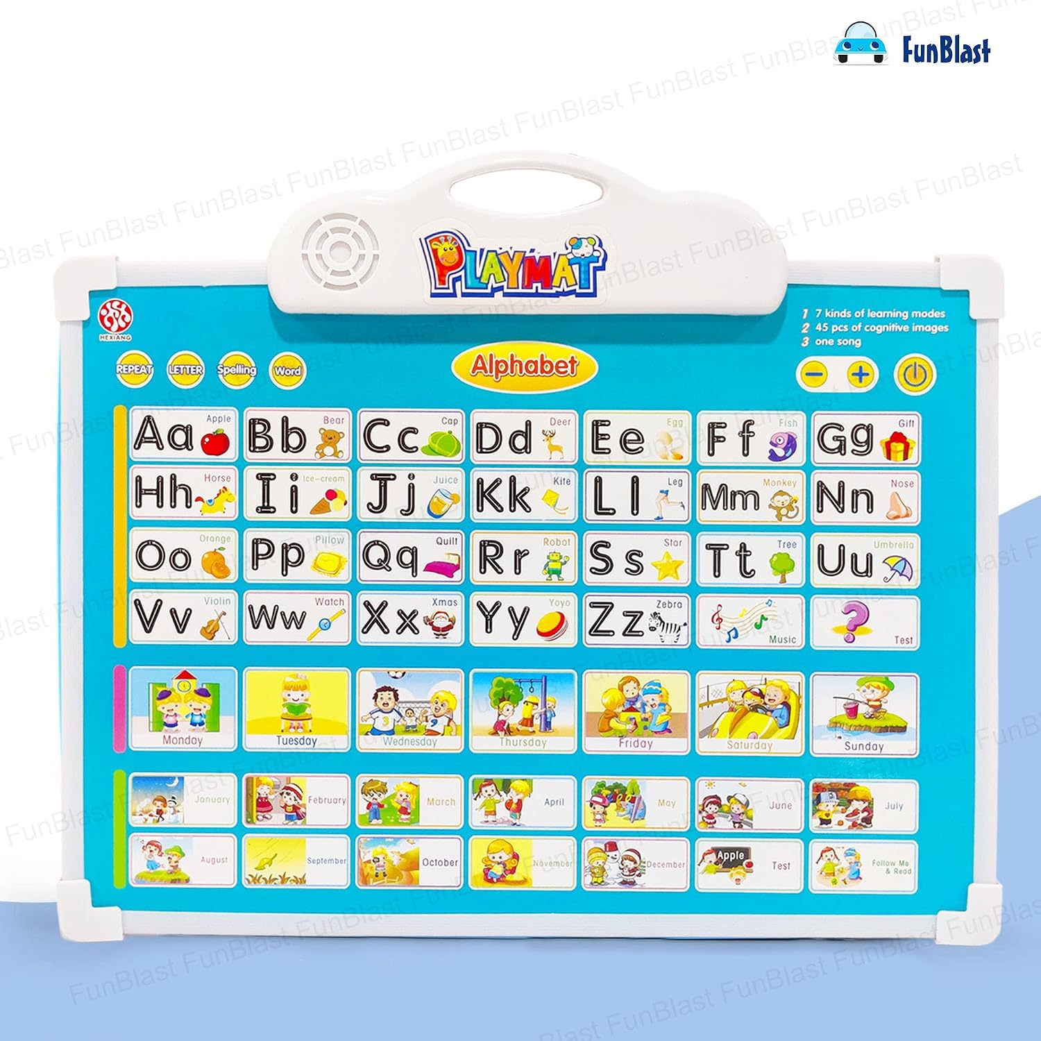 Blue electronic drawing board for kids featuring letters, numbers, and fun illustrations