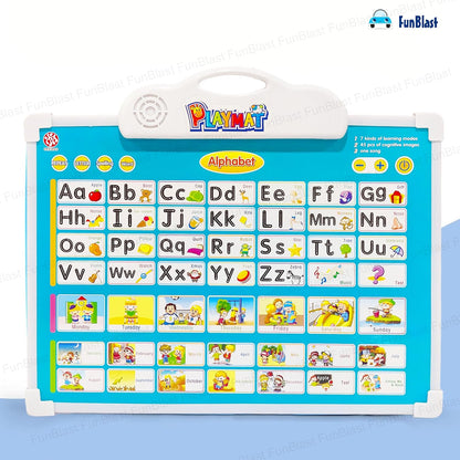 Blue electronic drawing board for kids featuring letters, numbers, and fun illustrations