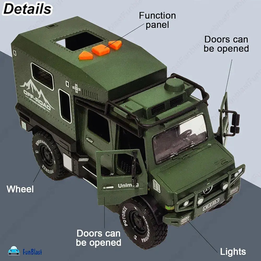 Green off-road truck monster toy with openable doors and lights for kids