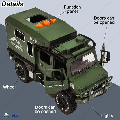 Green off-road truck monster toy with openable doors and lights for kids