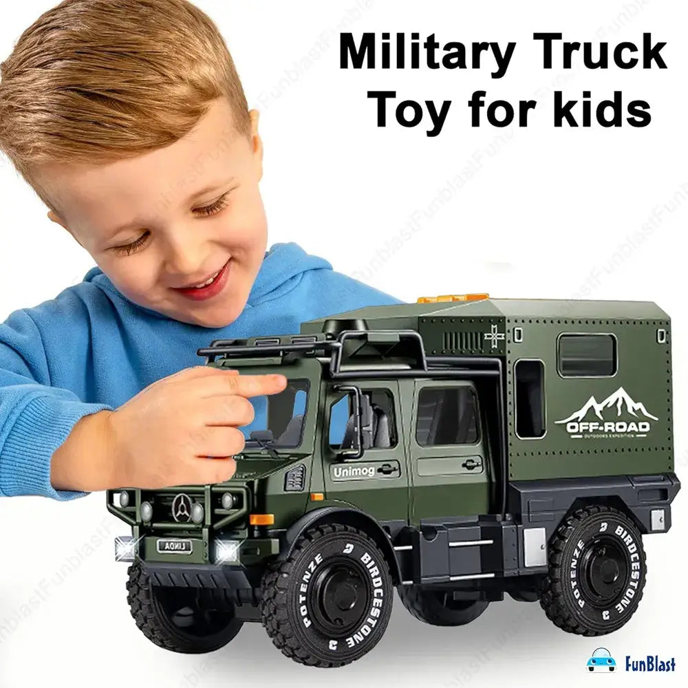Green military truck monster toy for kids featuring off-road design and movable parts