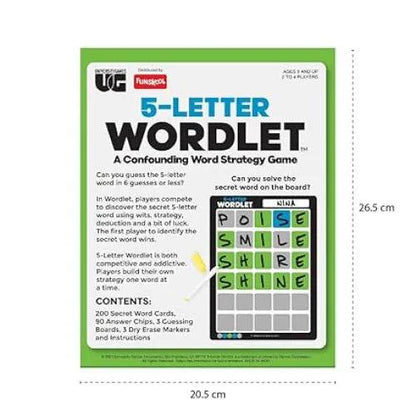 5 Letter Wordlet board game in green for players 8 years and up, featuring word guessing action