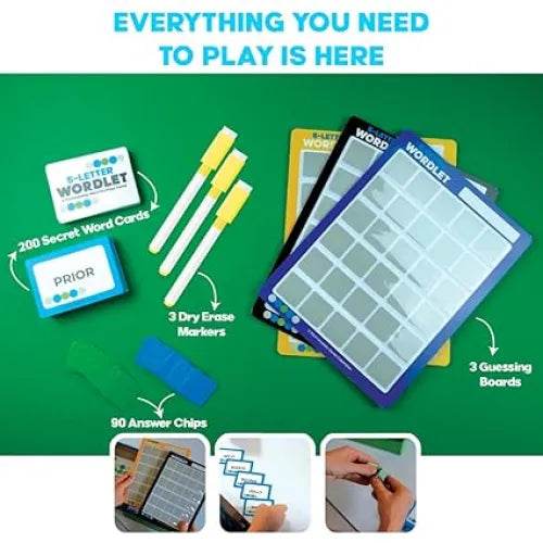 5 letter wordlet board game with word cards, markers, and guessing boards for ages 8 and up