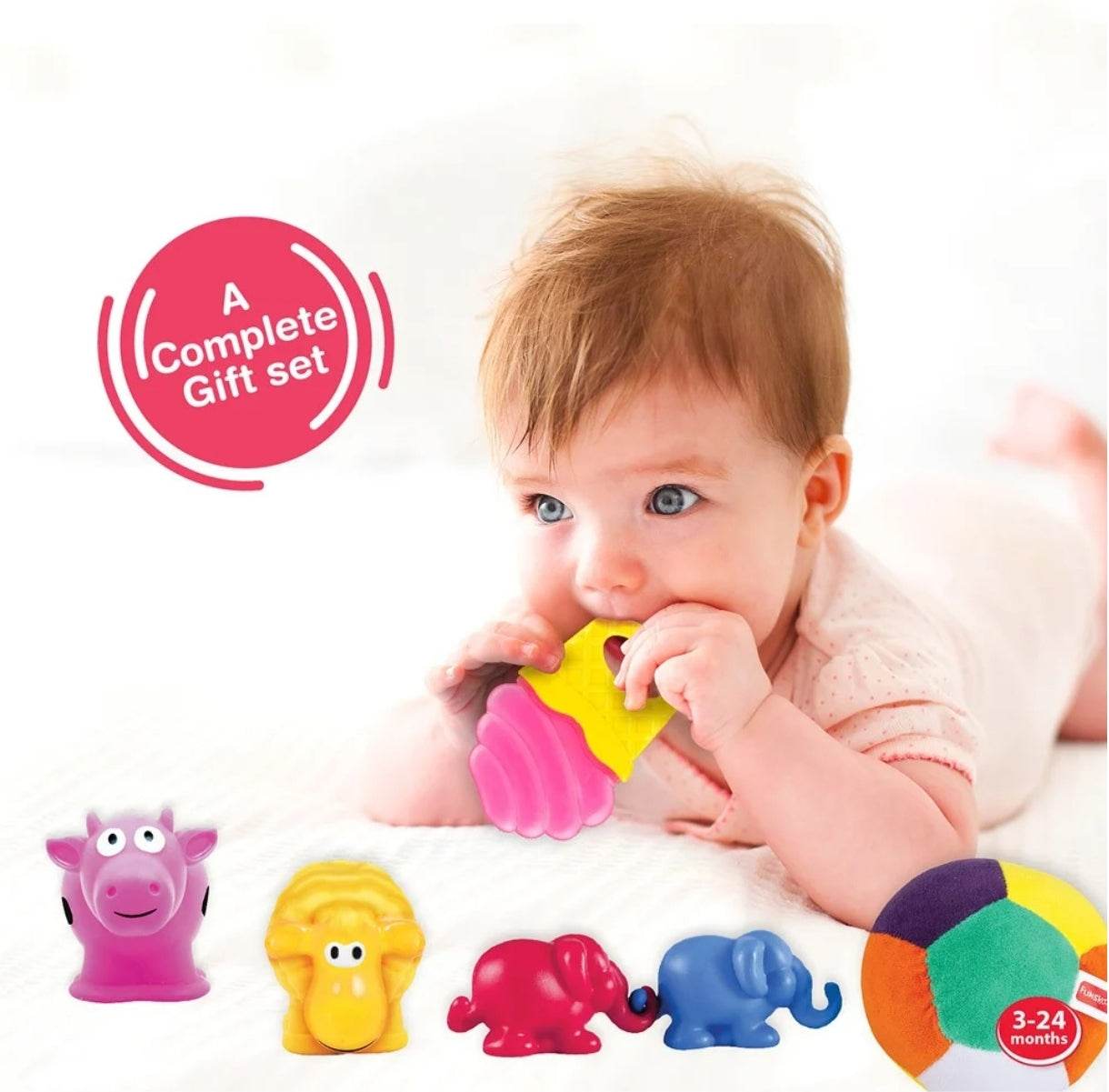 Colorful T-Rex toy set for infants featuring a cow, lion, elephant and teether suitable for ages 3-24 months