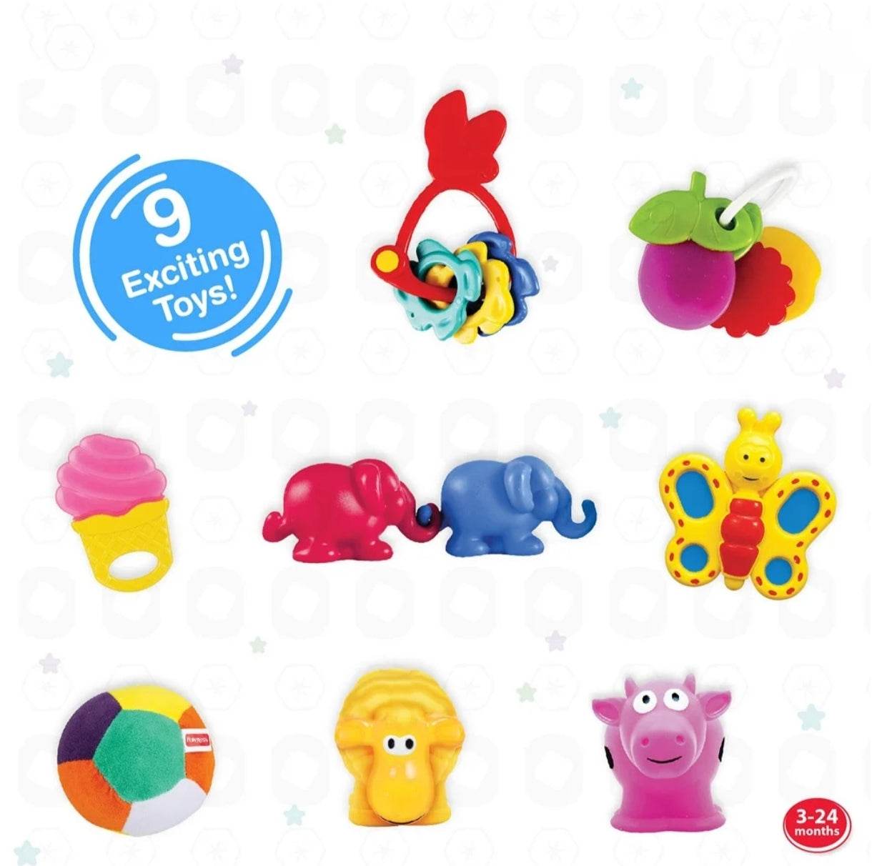 Colorful assortment of 9 Amazon soft toys for babies aged 3-24 months with various shapes and textures
