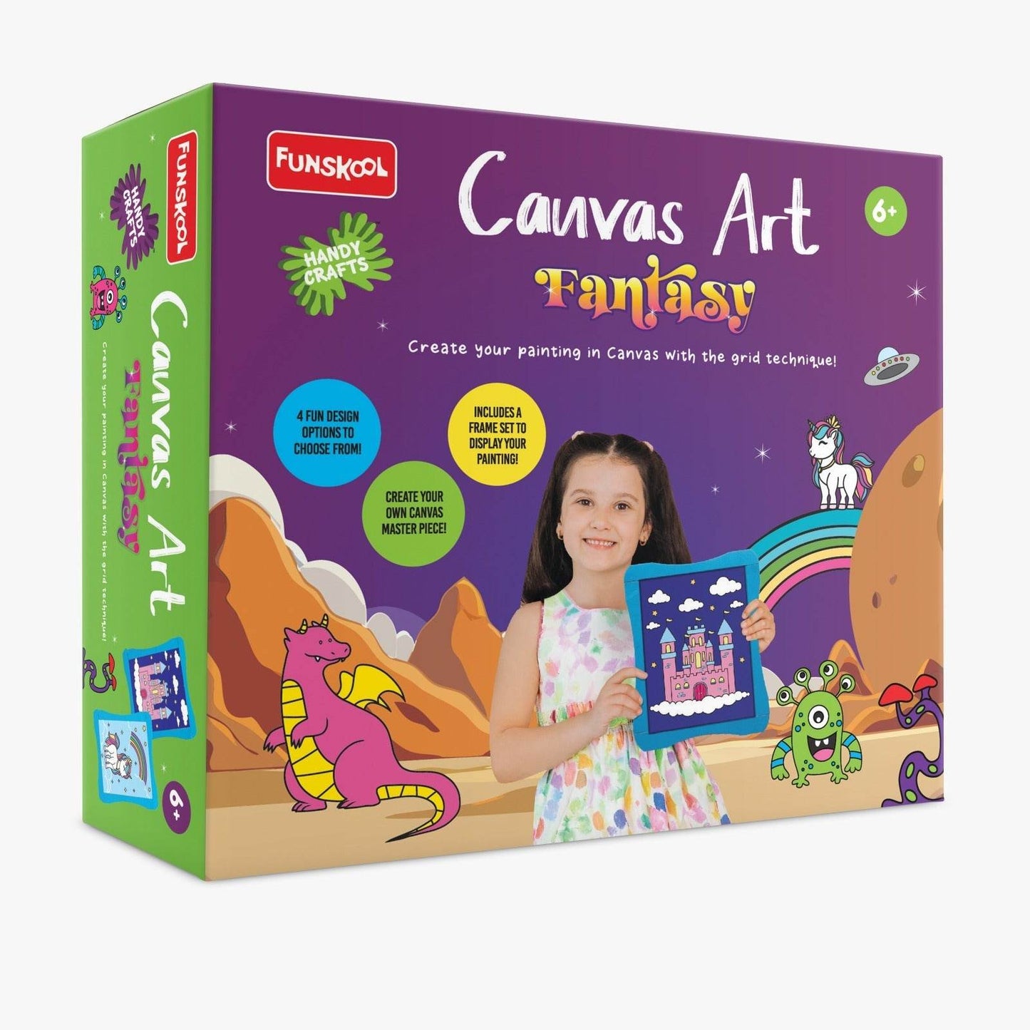 Colorful canvas art kit for kids aged 6 and up featuring fantasy designs and custom art prints