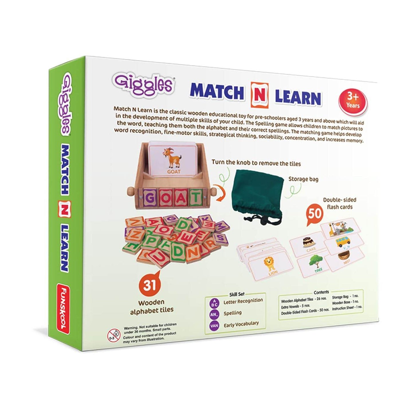 Wooden educational children's toy with alphabet tiles and flashcards for ages 3 plus