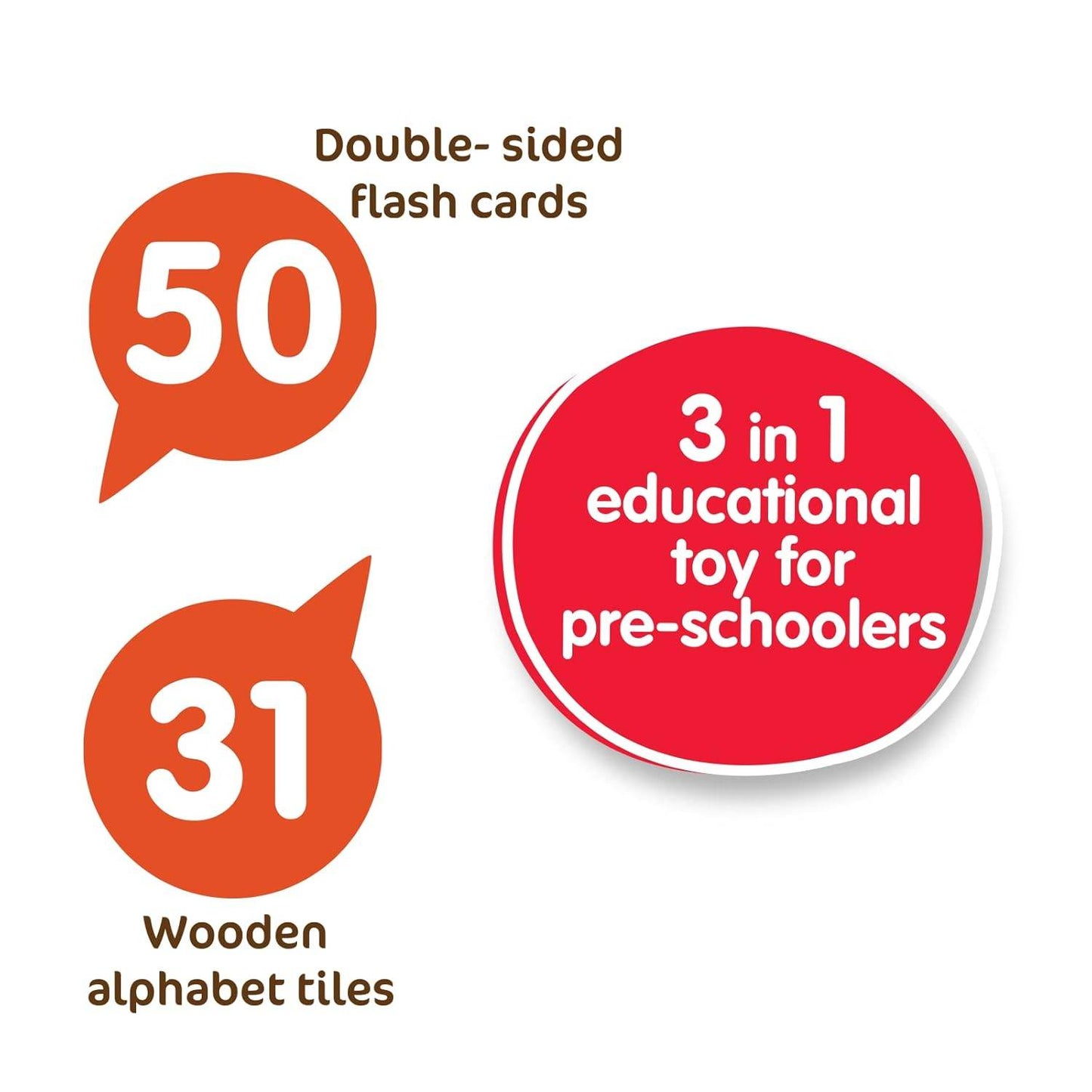 Red 3 in 1 educational children's toy for pre-schoolers with flash cards and wooden alphabet tiles