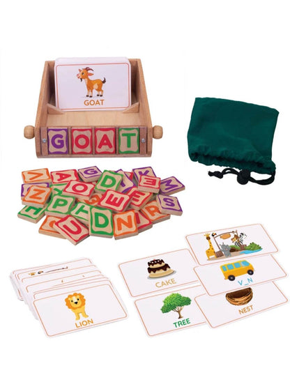 Wooden educational children's toy with letter tiles and picture cards for ages 3-6