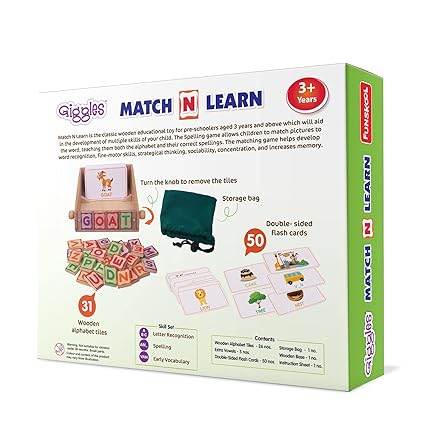 Match N Learn educational children's toy with wooden tiles and flashcards for ages 3 and up