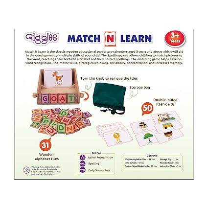 Wooden educational children's toy Match N Learn with alphabet tiles for ages 3 and up