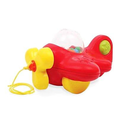 Red and yellow paper aeroplane toy for toddlers with a pull string to activate spinning propellers
