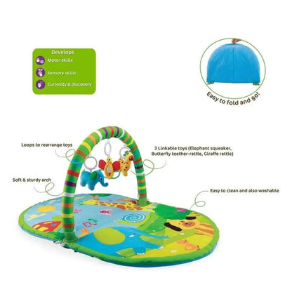 Colorful Funskool 3in1 deluxe playgym for newborns, featuring soft fabric and engaging toys