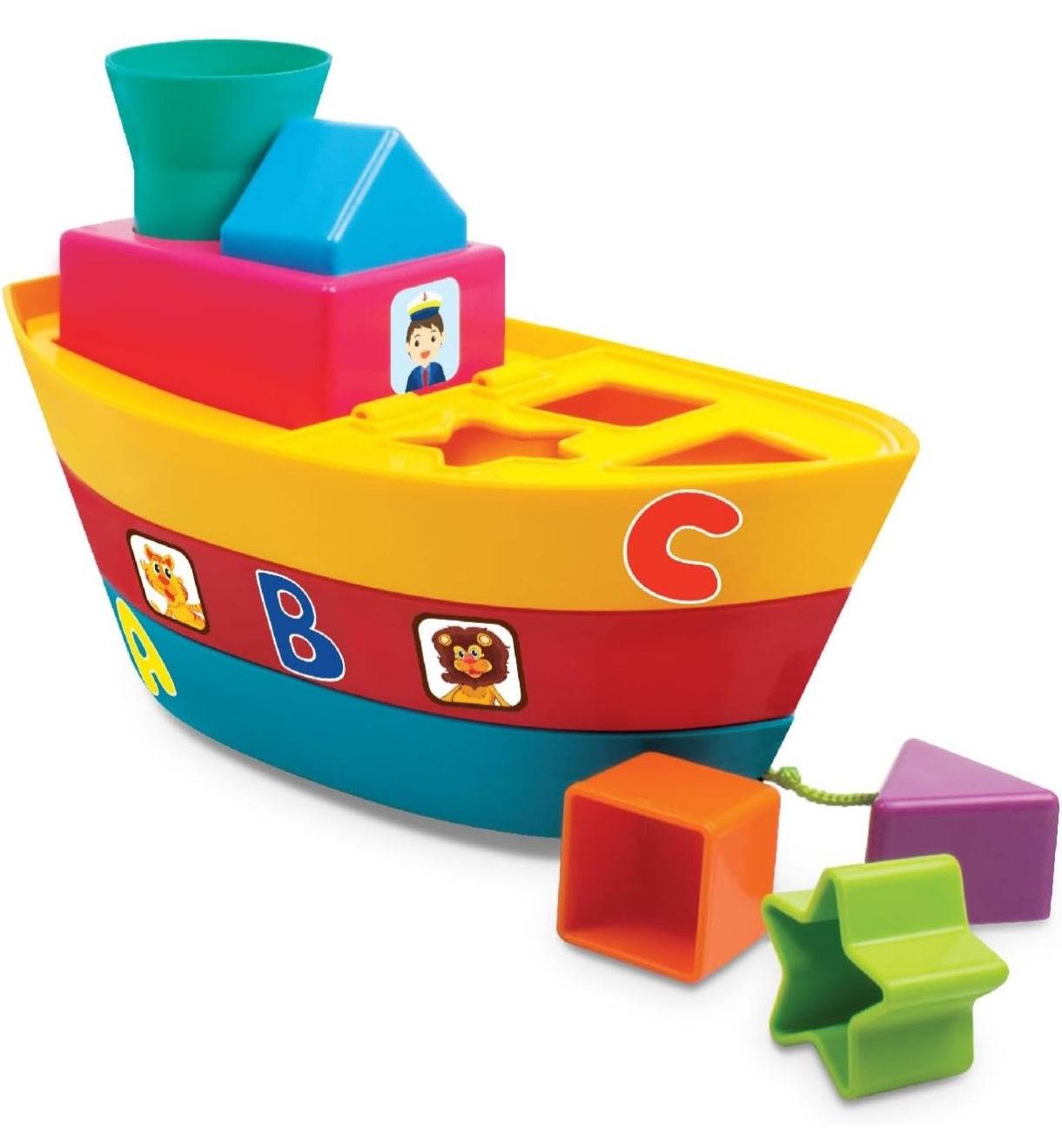 Colorful stacking blocks toy boat for toddlers featuring various shapes and an educational design