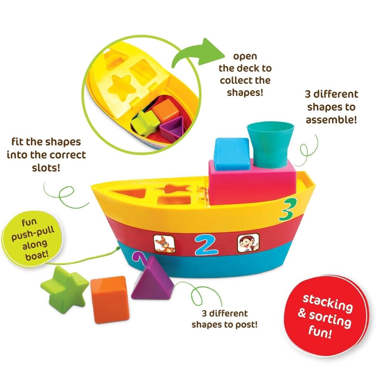 Colorful stacking blocks toy with a boat design for toddlers to sort shapes