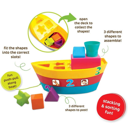 Colorful stacking blocks toy with a boat design for toddlers to sort shapes