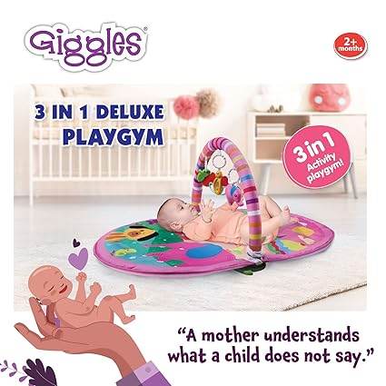 Colorful Giggles 3 in 1 Deluxe Playgym for infants, featuring hanging toys for sensory play