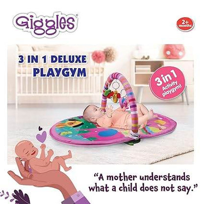 Colorful Giggles 3 in 1 Deluxe Playgym for infants, featuring hanging toys for sensory play