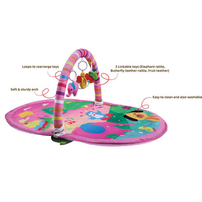 Pink baby play gym with three linkable toys for infants featuring soft mat and sturdy arch