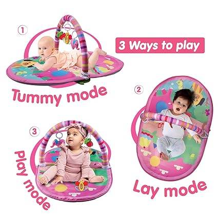 Pink infant play gym with 3 modes including tummy, play, and lay for toys for an infant