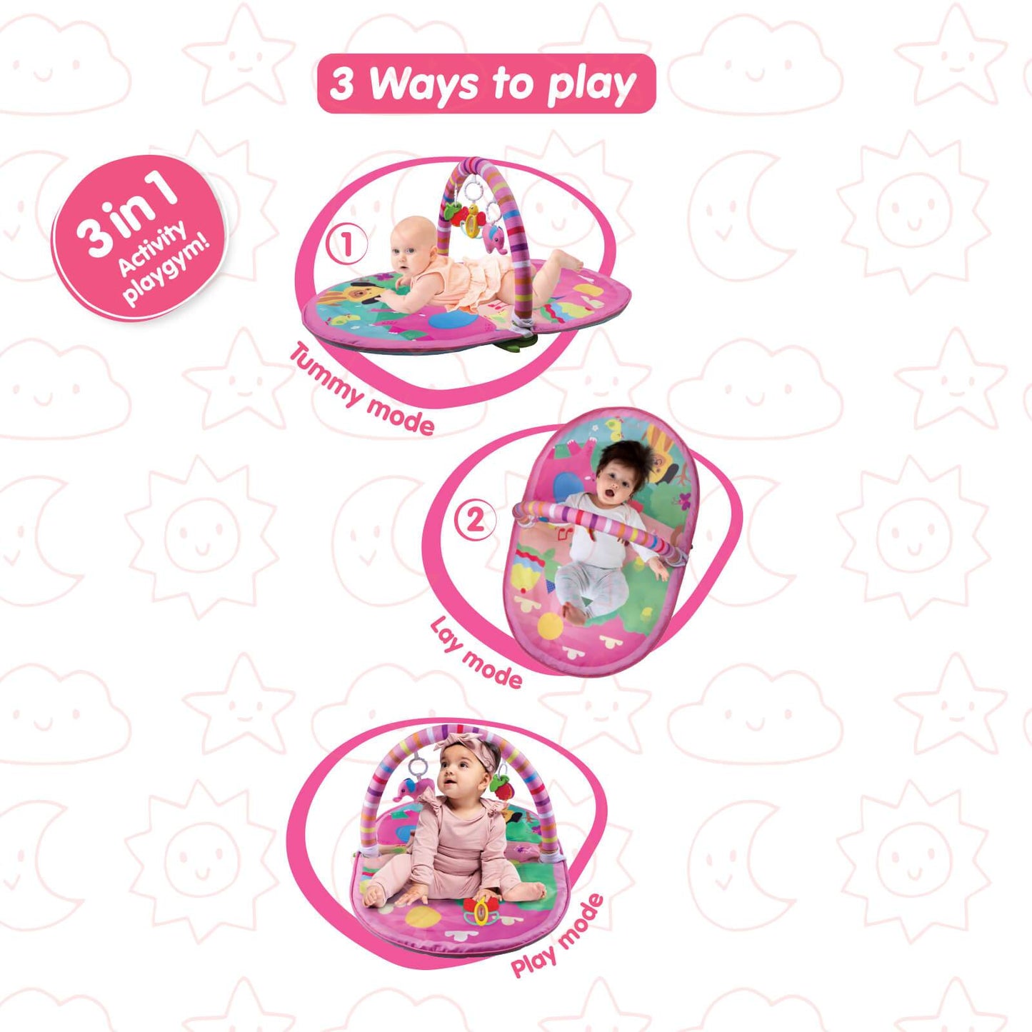 Pink 3-in-1 activity playgym for infants featuring tummy, lay, and play modes