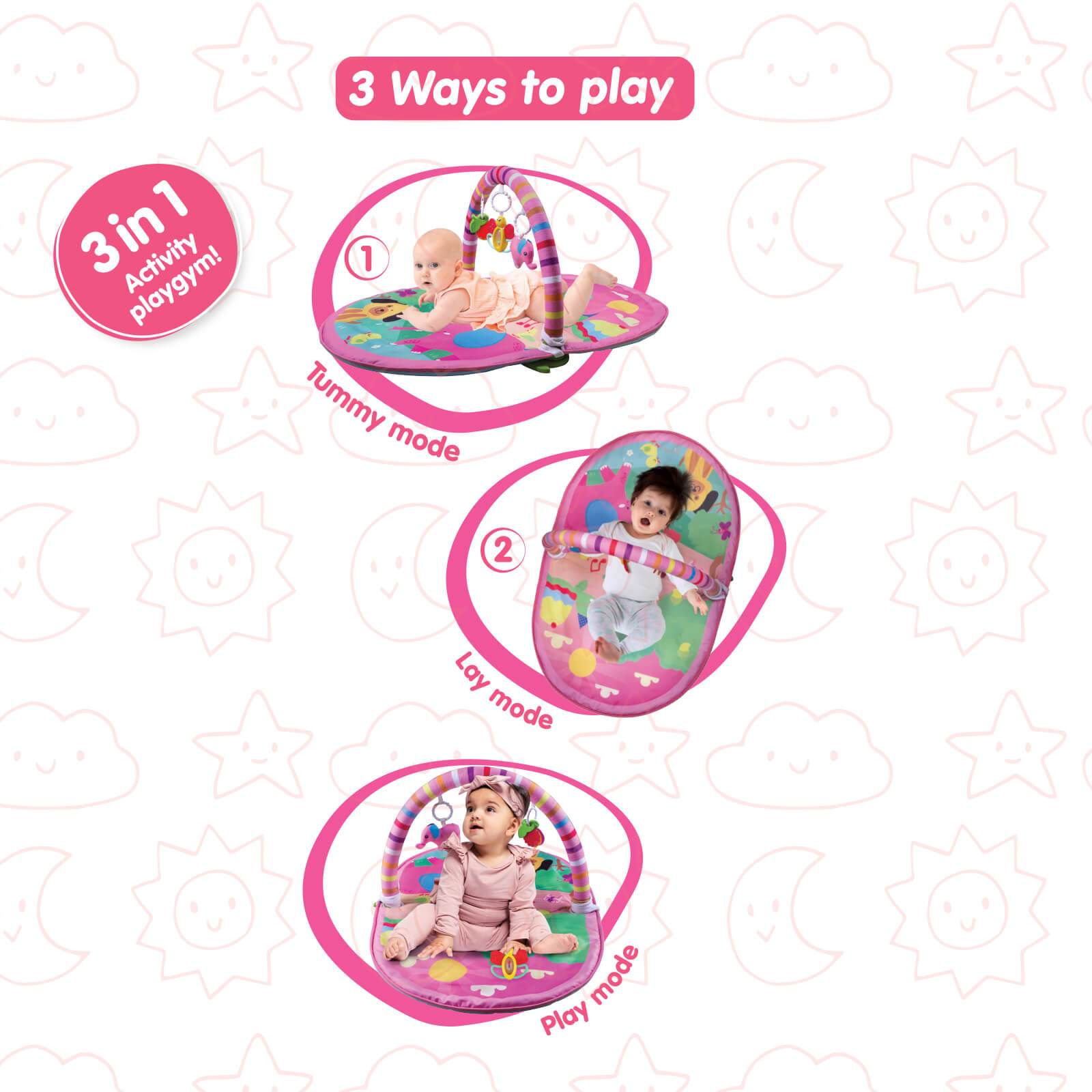 Pink 3-in-1 activity playgym for infants featuring tummy, lay, and play modes