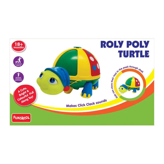 Colorful Roly Poly Turtle toy that makes click clack sounds, suitable for children 18 months and older