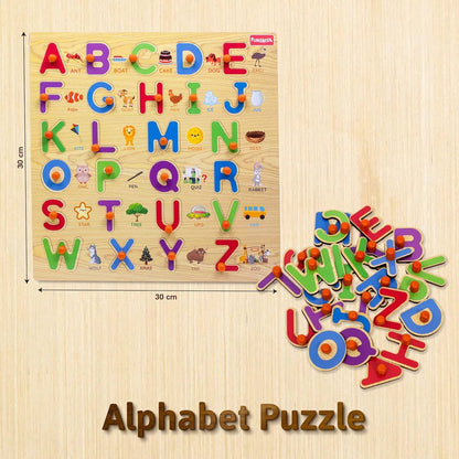 Colorful wooden puzzle featuring letters A-Z for children ages 3 and up