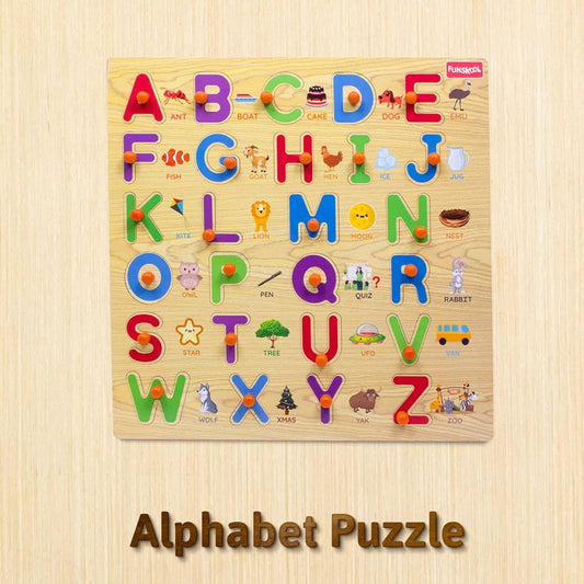 Colorful wooden puzzle featuring letters and animals for ages 3 and up