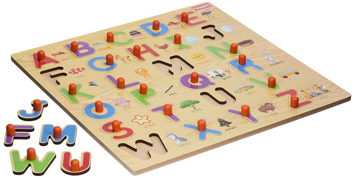Colorful wooden puzzle for toddlers featuring uppercase letters and animal illustrations