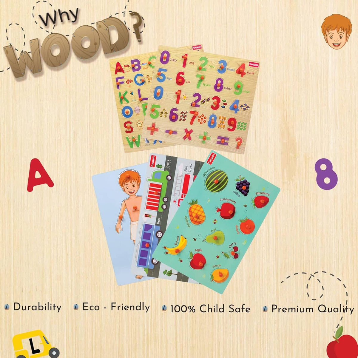 Colorful wooden puzzle featuring numbers and fruits for ages 3-5 years
